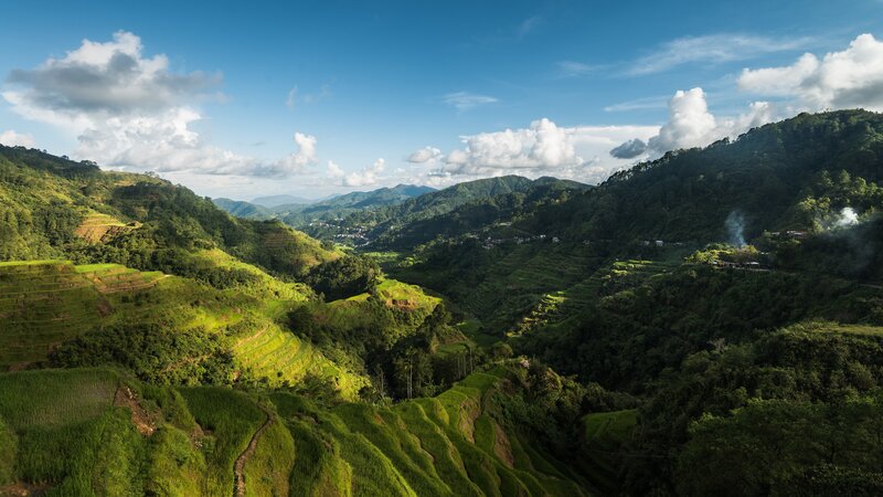 Terraced Rice Fields — Green, Serene, Afternoon, Photograph, Mountains, Valley, Smoke