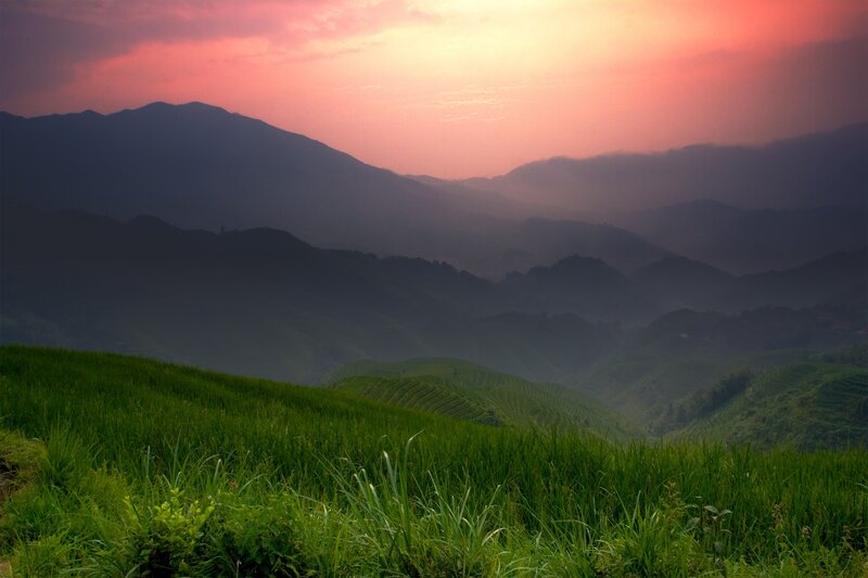 Terraced Rice Fields — Green, Serene, Sunset, Photograph, Mountains, Sky, Hills