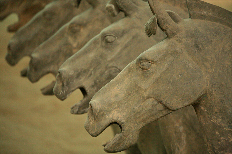 Terracotta horse heads in row