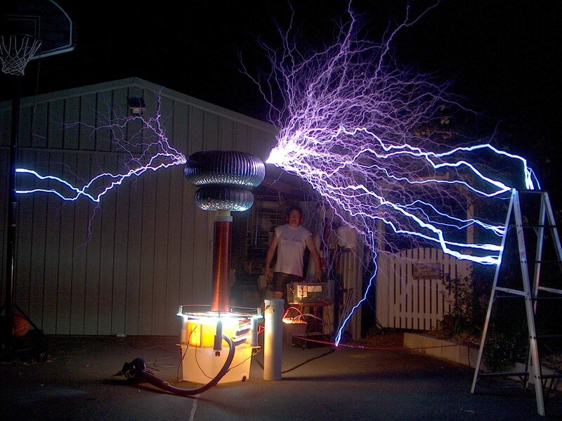Tesla coil discharging at night