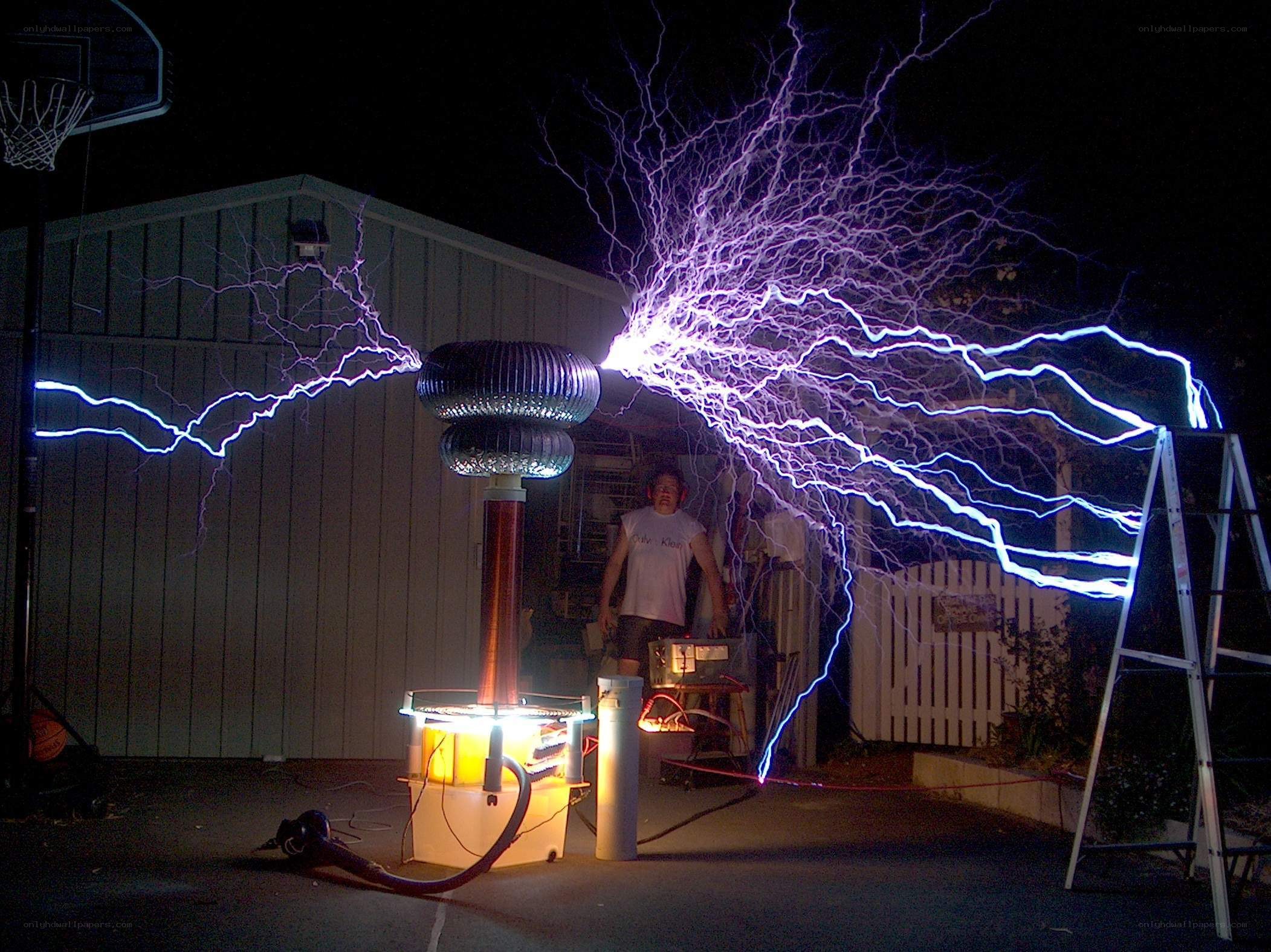 Tesla coil discharging at night