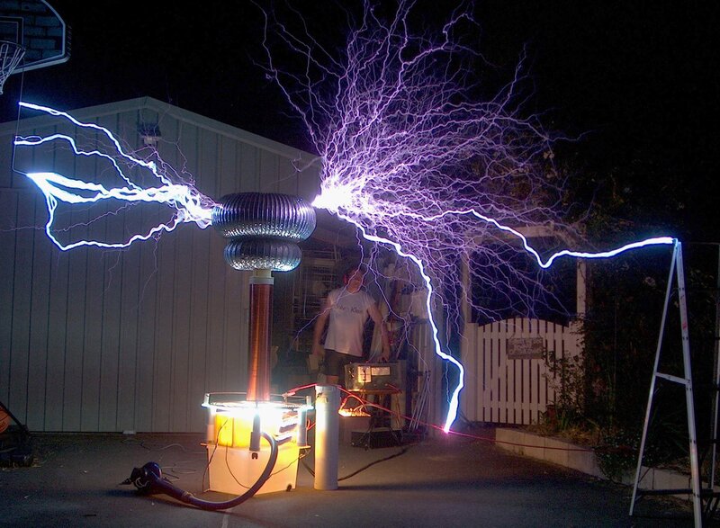 Tesla coil discharging at night