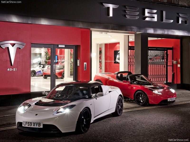 Tesla Roadster cars outside showroom
