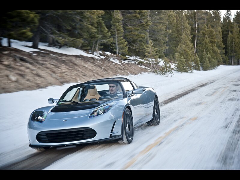 Tesla Roadster on snowy road