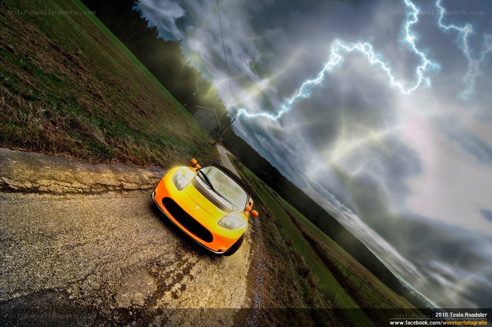 Tesla Roadster under lightning storm