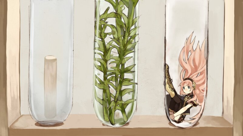 test tubes with plant and character