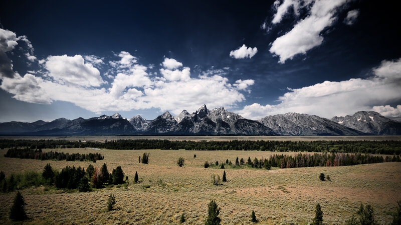 Teton Mountain Range — Blue, Dramatic, Afternoon, Photograph, Mountains, Valley, Trees, Clouds