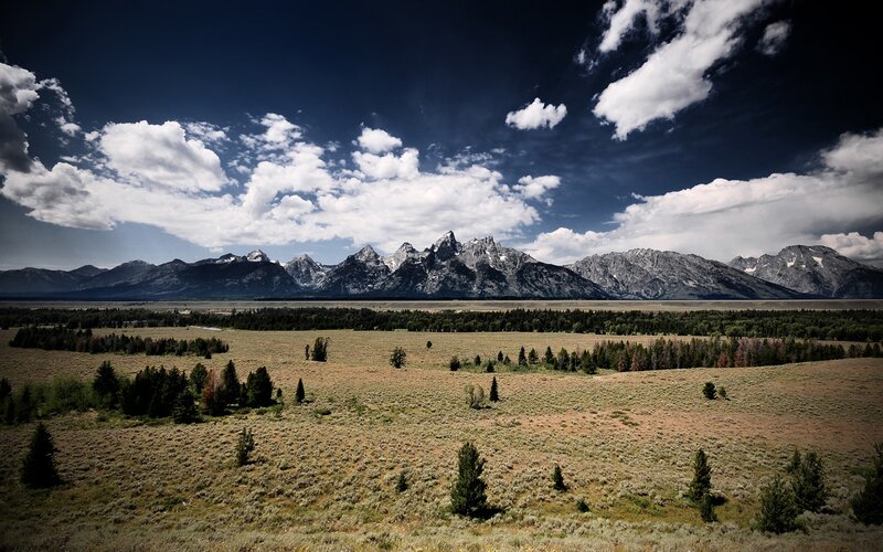 Teton Mountain Range — Blue, Dramatic, Afternoon, Photograph, Mountains, Valley, Trees