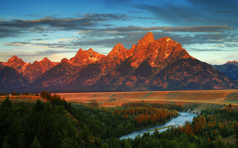 Tetons Mountain Range — Blue, Dramatic, Sunset, Photograph, River, Forest, Mountains