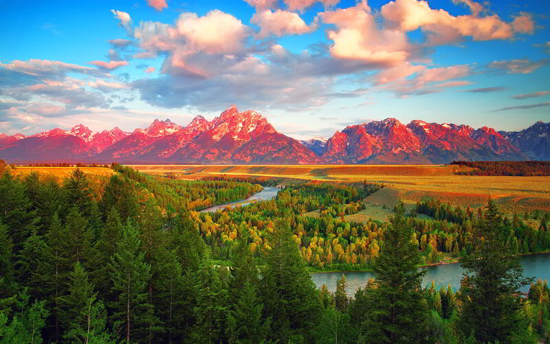 Tetons Mountain Range — Blue, Dramatic, Sunset, Photograph, River, Forest
