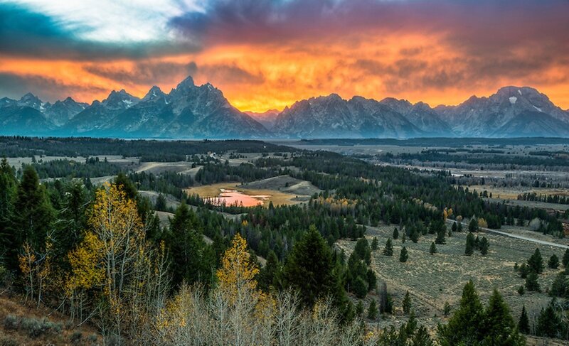 Tetons Mountain Range — Orange, Dramatic, Sunset, Photograph, Mountains, Forest
