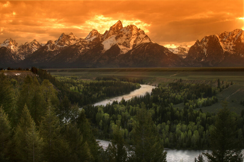 Tetons Mountain Range — Orange, Dramatic, Sunset, Photograph, River, Forest