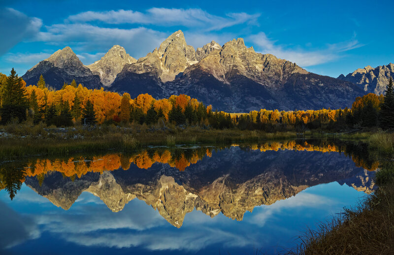 Tetons Mountains Reflection — Blue, Serene, Autumn, Photograph, Trees