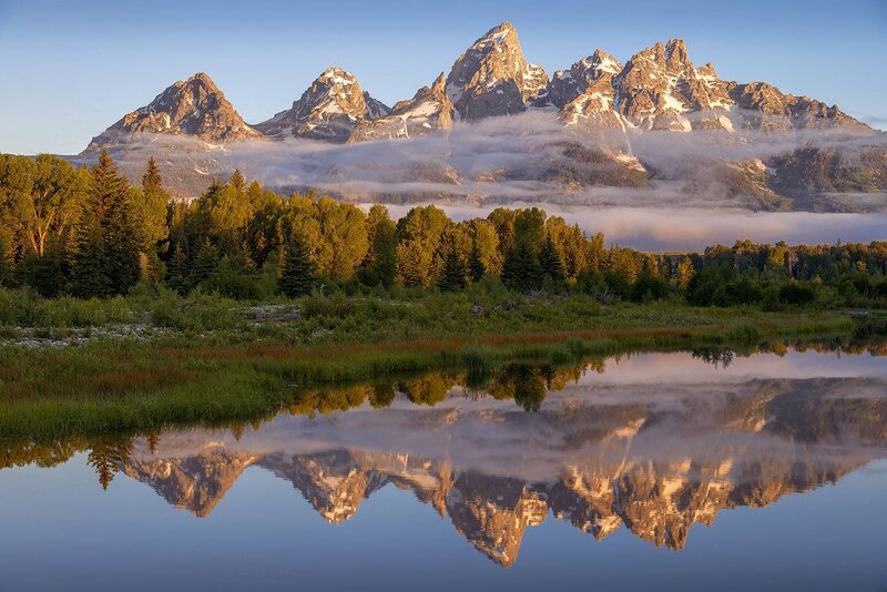 Tetons Mountains Reflection — Blue, Serene, Morning, Photograph, Forest