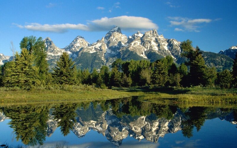Tetons Mountains Reflection — Blue, Serene, Morning, Photograph, Trees, Pond, Green