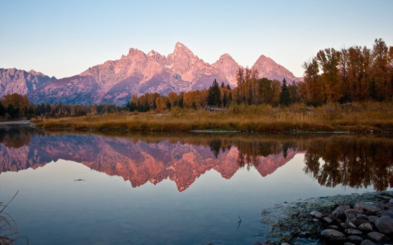Tetons Mountains Reflection — Blue, Serene, Sunset, Photograph, Lake