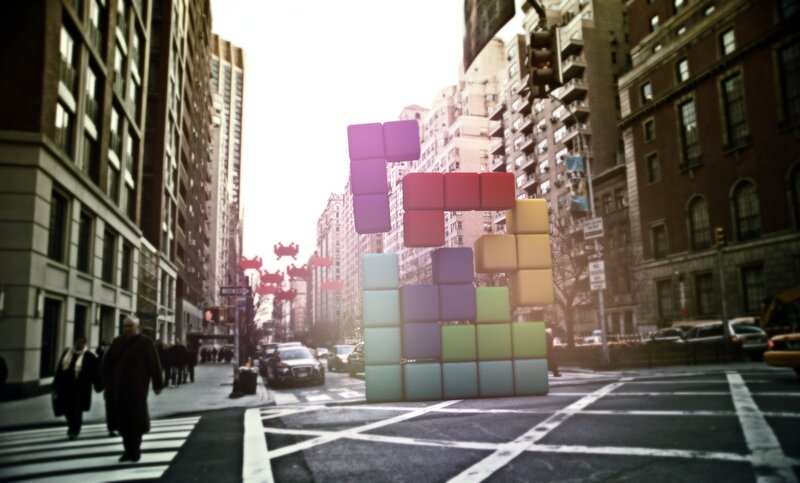 Tetris blocks in city street