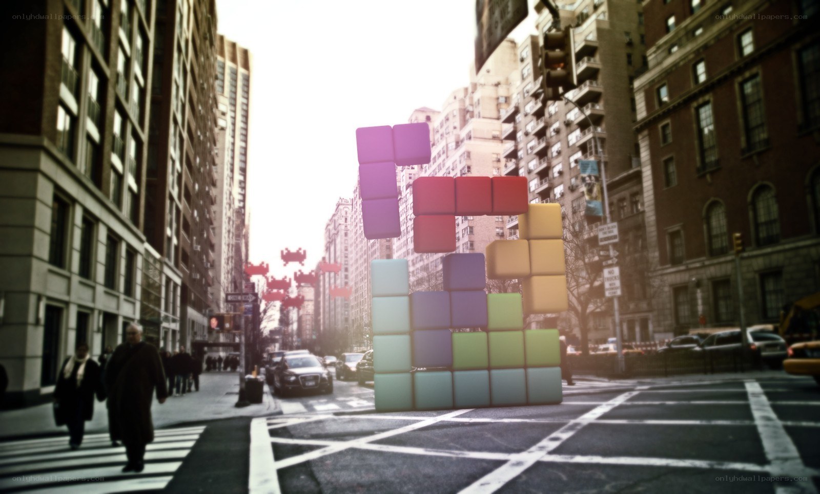 Tetris blocks in city street