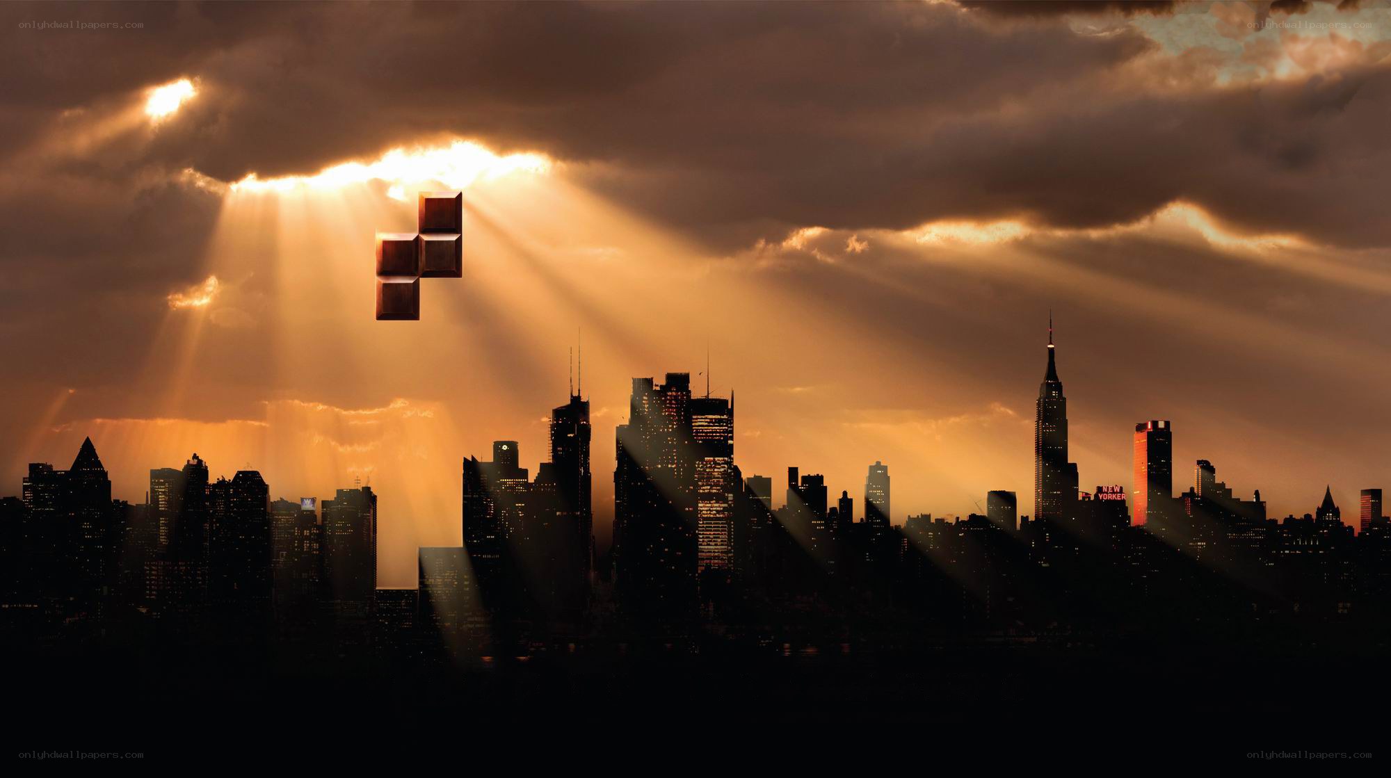 Tetris blocks over city skyline