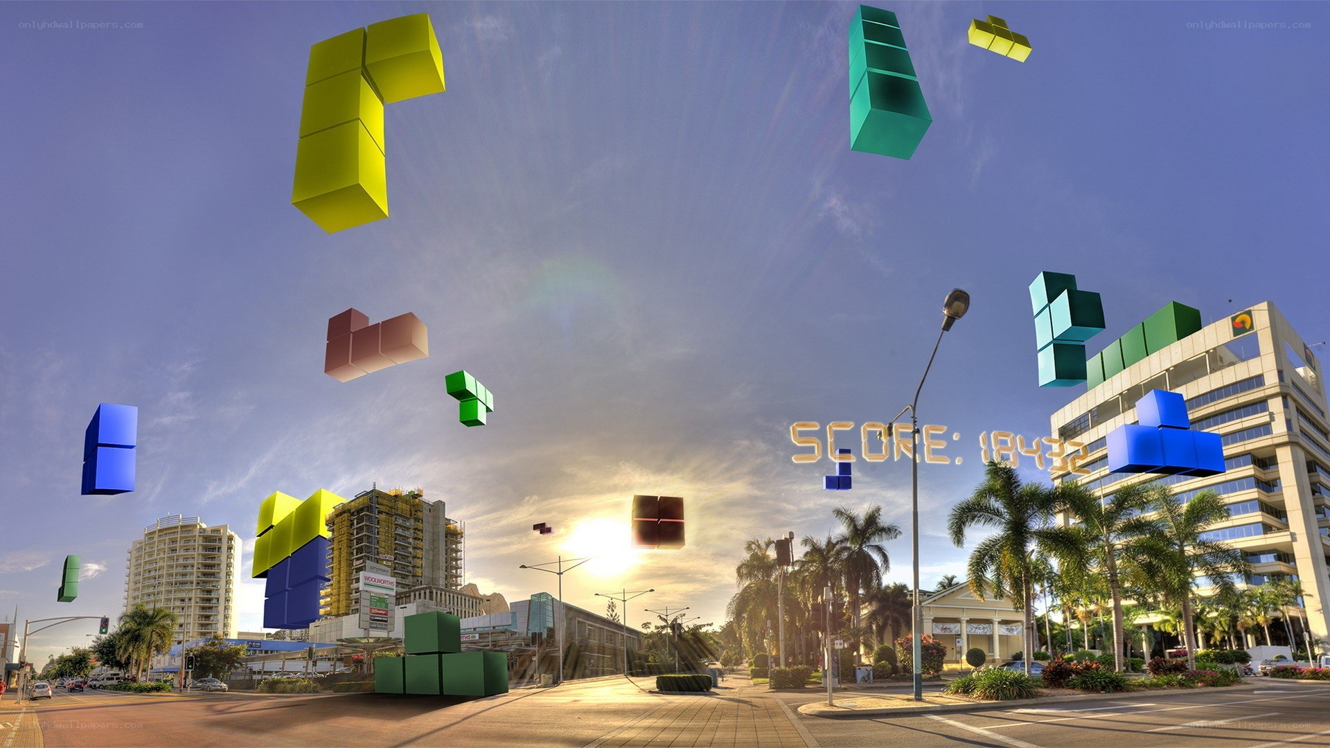 Tetris blocks over city street