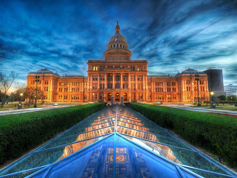 Texas State Capitol Building — Blue, Dramatic, Sunset, Photograph, Dome, Hedges