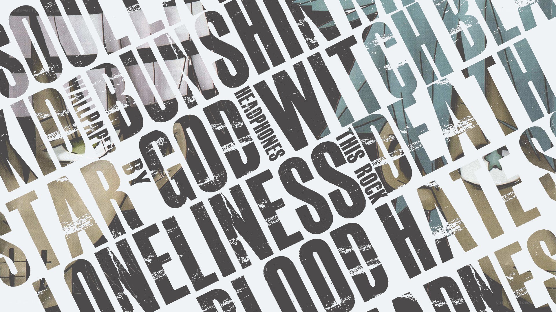 text collage with band names