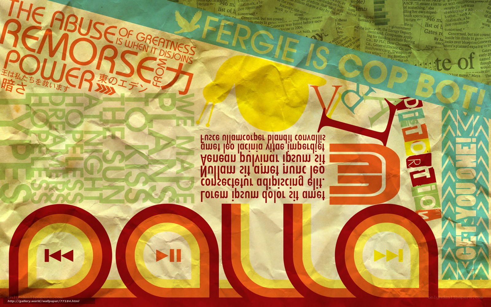 text collage with music controls