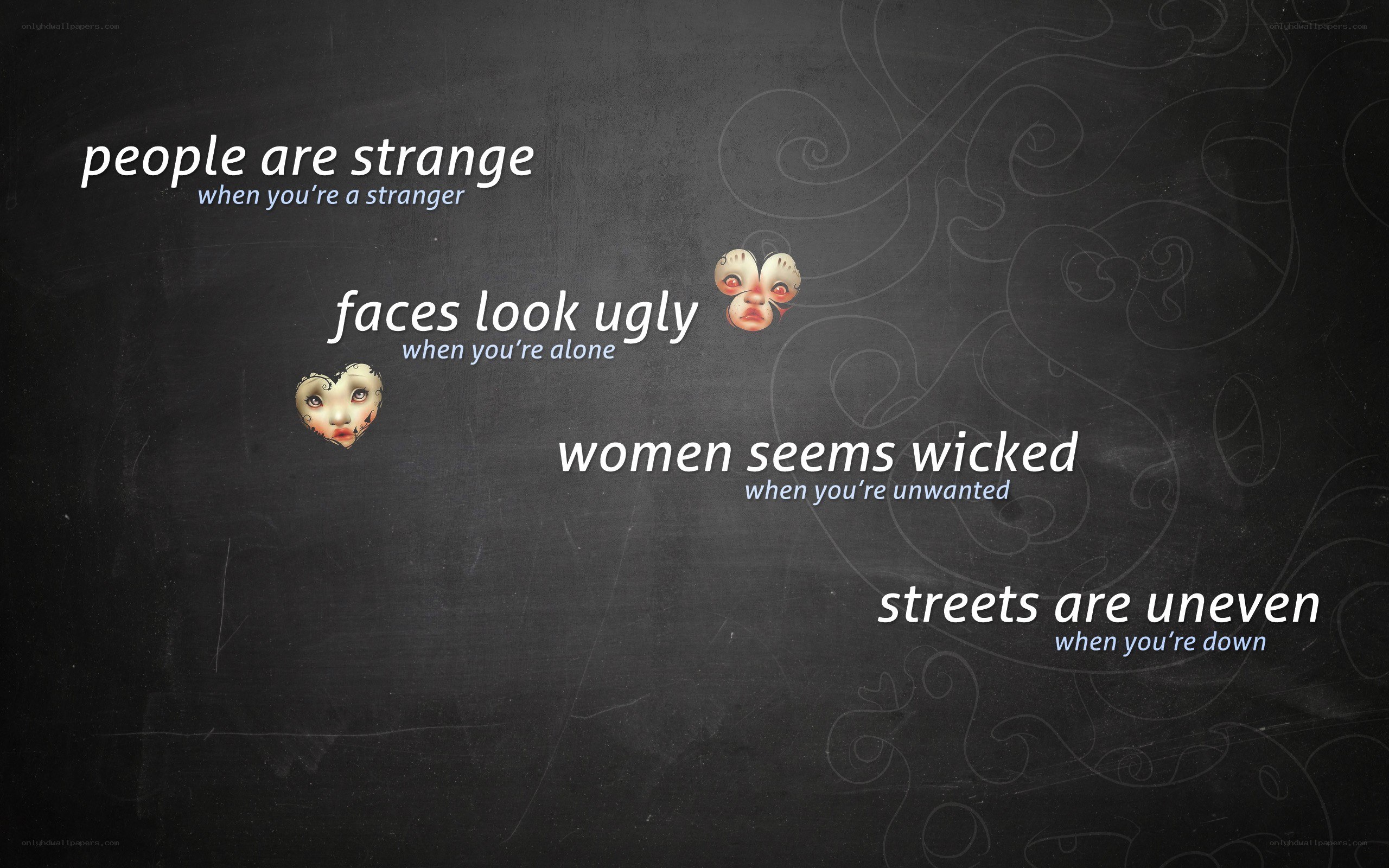 text on blackboard with faces