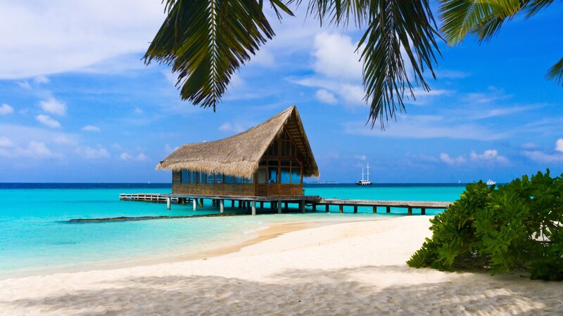 Thatched Beach Hut — Blue, Serene, Afternoon, Photograph, Palm Tree, Ocean, Sailboat