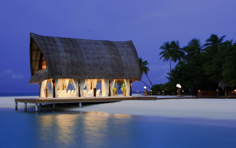 Thatched Beach Hut — Blue, Serene, Night, Photograph