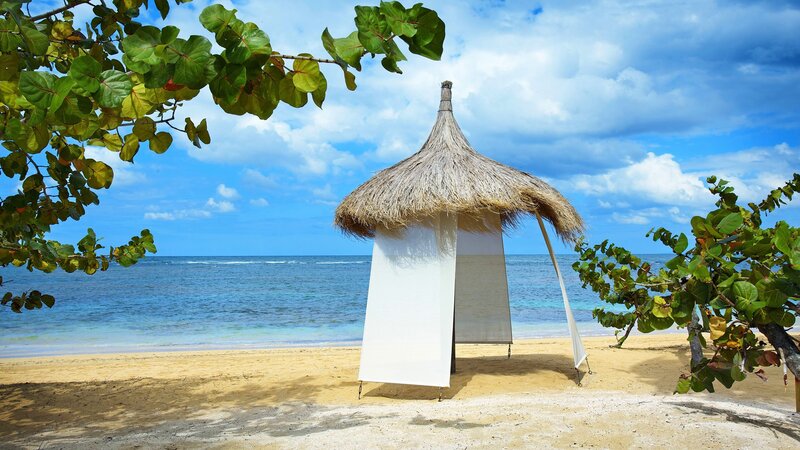 Thatched beach hut on tropical shore