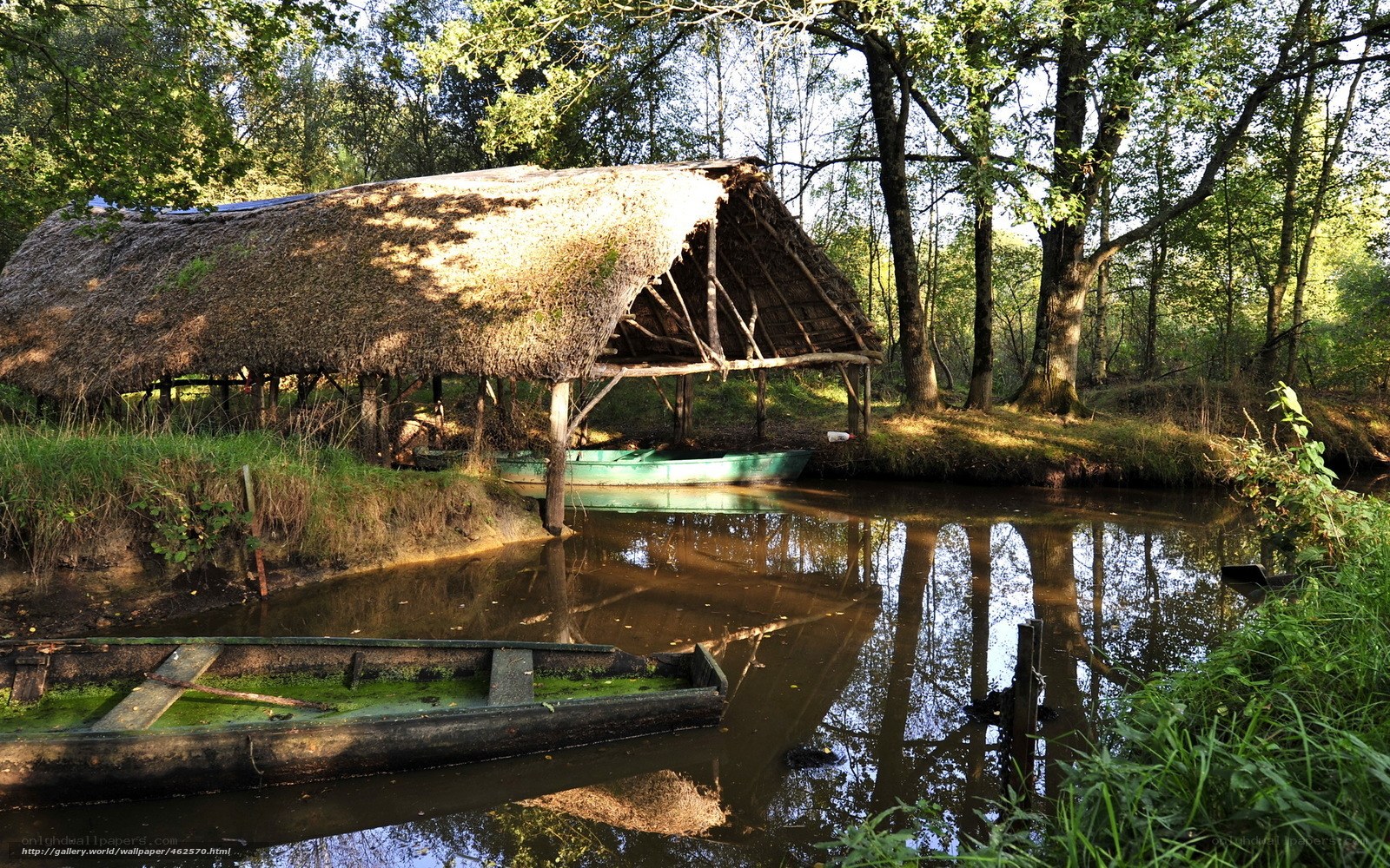 Thatched boathouse by a forest pond