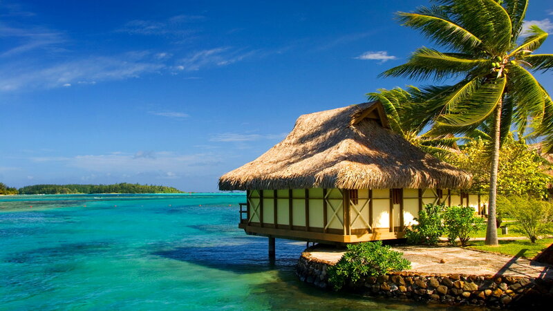 Thatched Bungalow on Water — Blue, Serene, Afternoon, Photograph, Palm Tree, Ocean