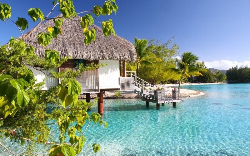 Thatched Bungalow on Water — Blue, Serene, Afternoon, Photograph, Palm Trees, Ocean