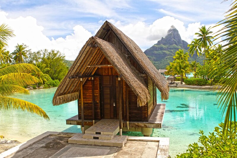 Thatched Bungalow on Water — Blue, Serene