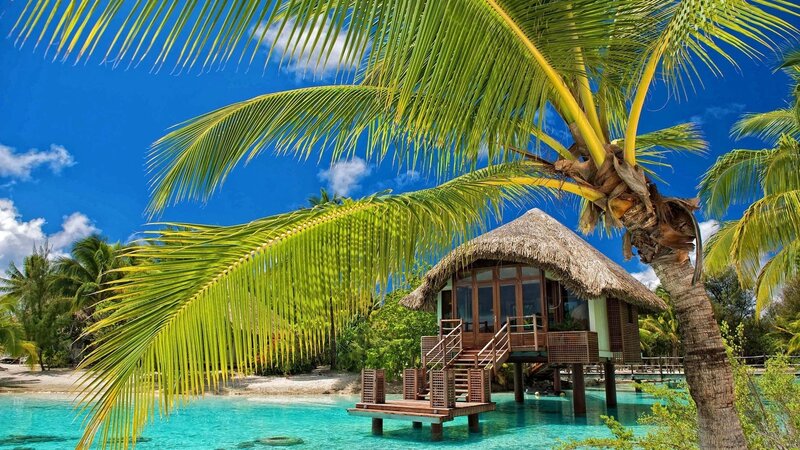Thatched Bungalow on Water — Blue, Tropical