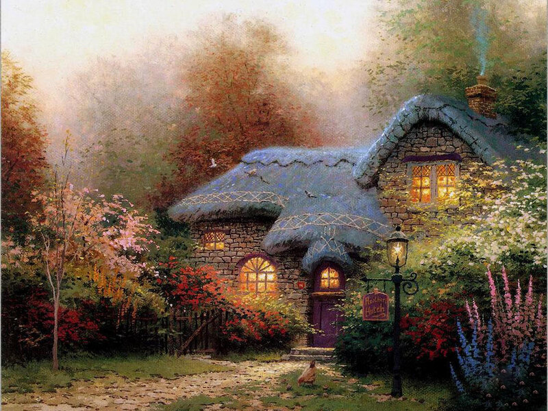 Thatched Cottage at Dusk — Blue