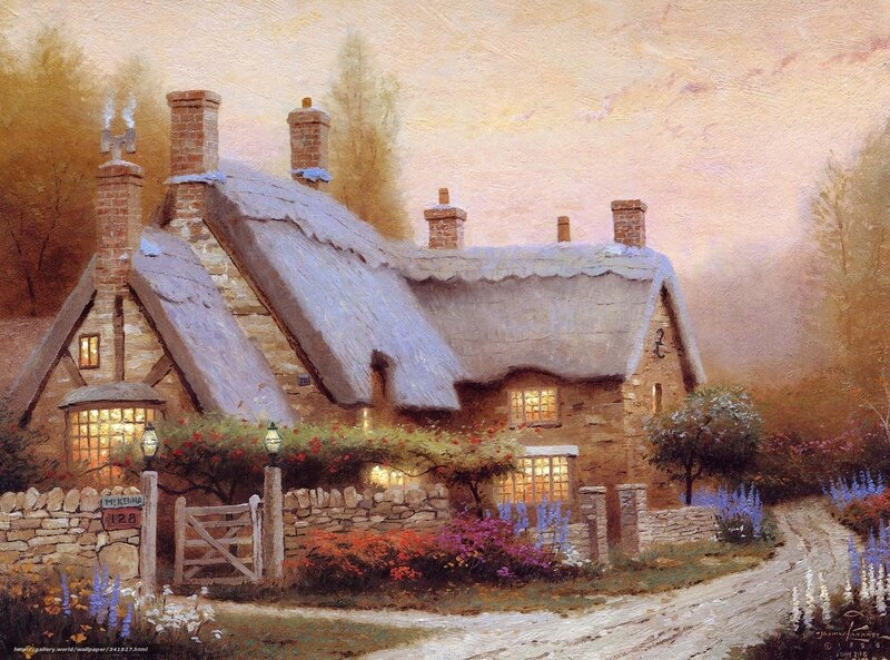 Thatched Cottage at Dusk — Brown, Serene