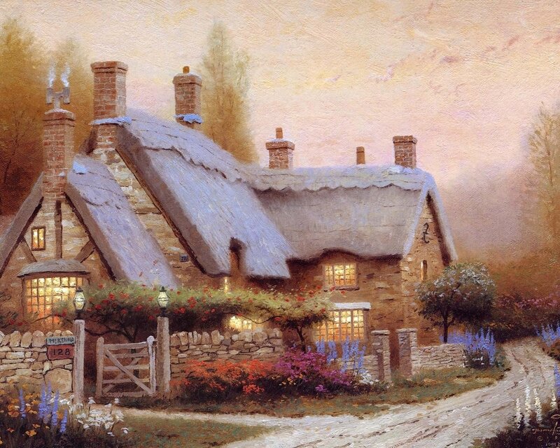 Thatched Cottage at Dusk — Brown