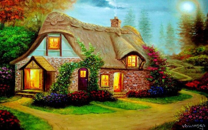 Thatched Cottage at Dusk — Green, Serene, Night, Painting, Flowers