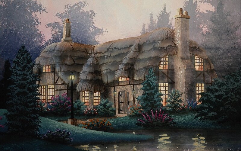 Thatched Cottage at Dusk — Green, Serene, Night
