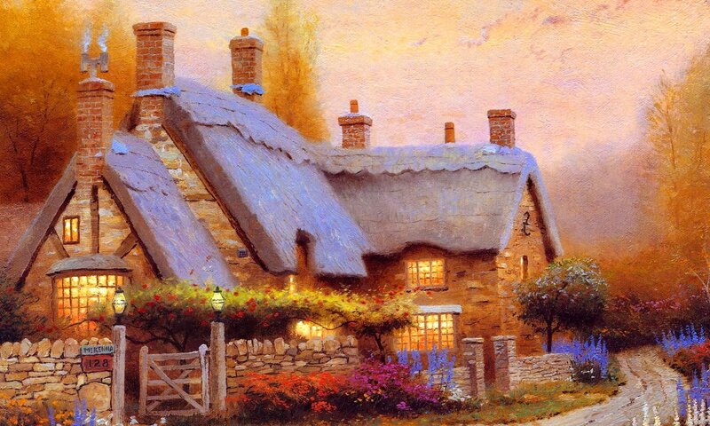 Thatched Cottage at Dusk — Orange, Serene, Sunset, Painting