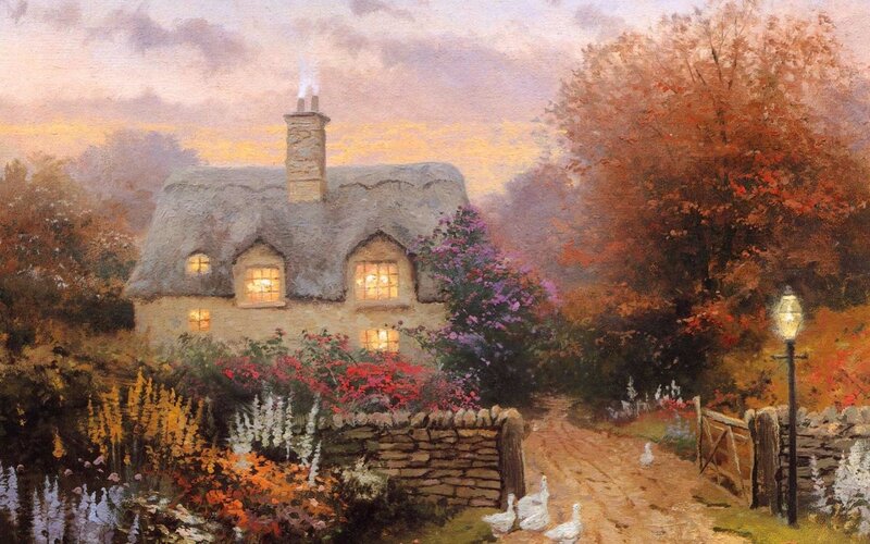 Thatched Cottage at Dusk — Orange, Serene, Sunset