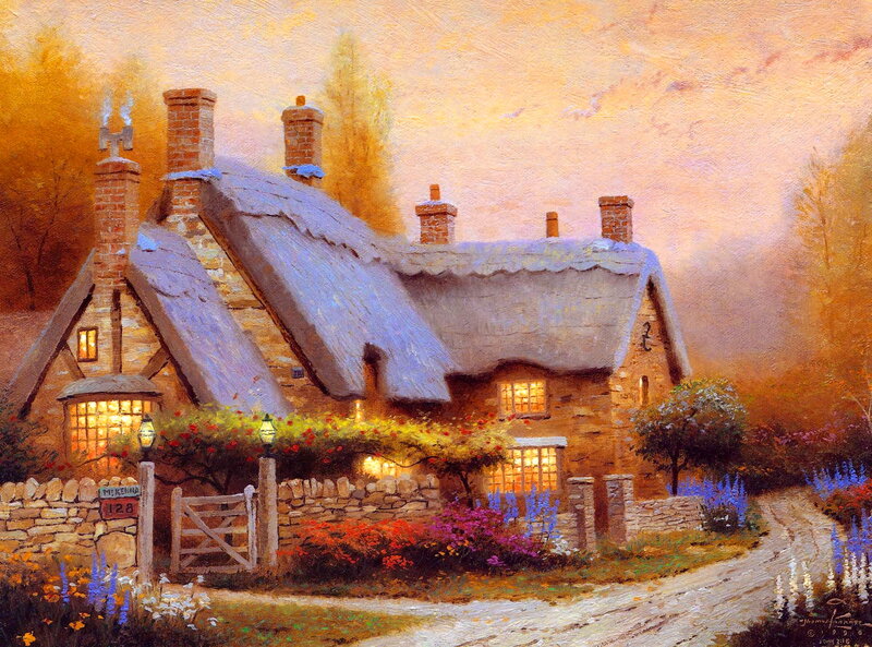 Thatched Cottage at Dusk — Orange, Serene
