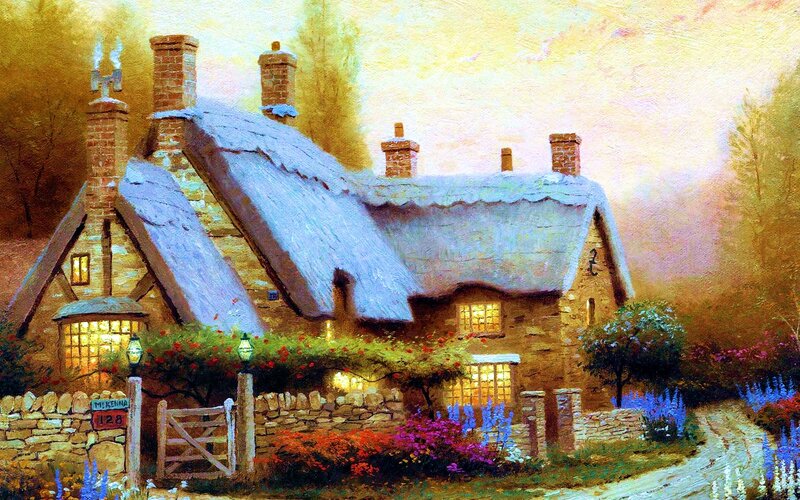 Thatched Cottage at Dusk — Yellow