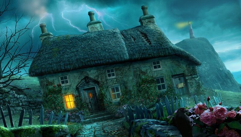 Thatched Cottage at Night — Blue