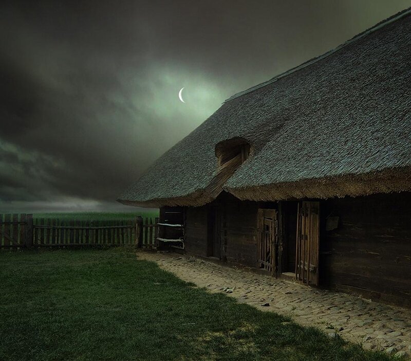 Thatched Cottage at Night — Green, Dramatic