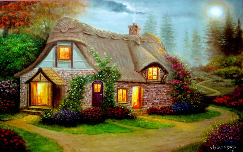 Thatched Cottage at Night — Green