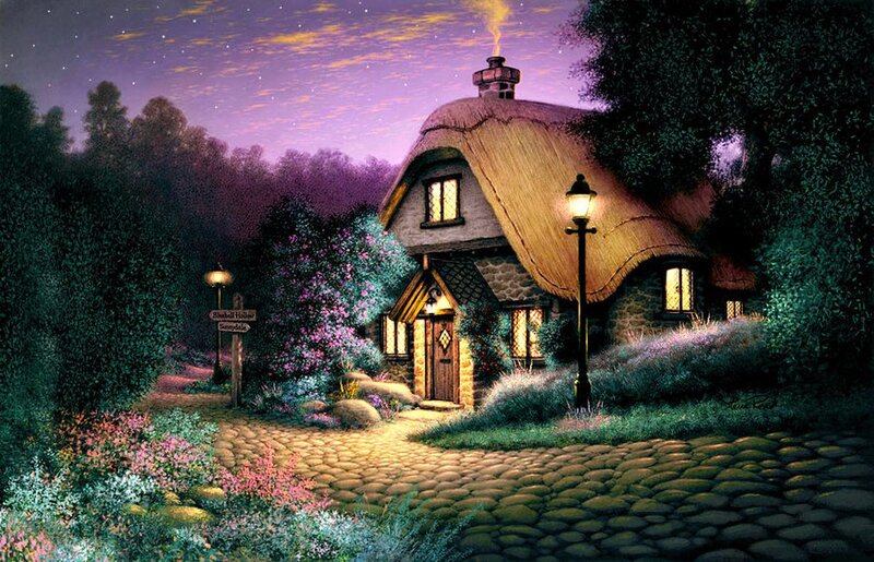 Thatched Cottage at Night — Purple, Serene