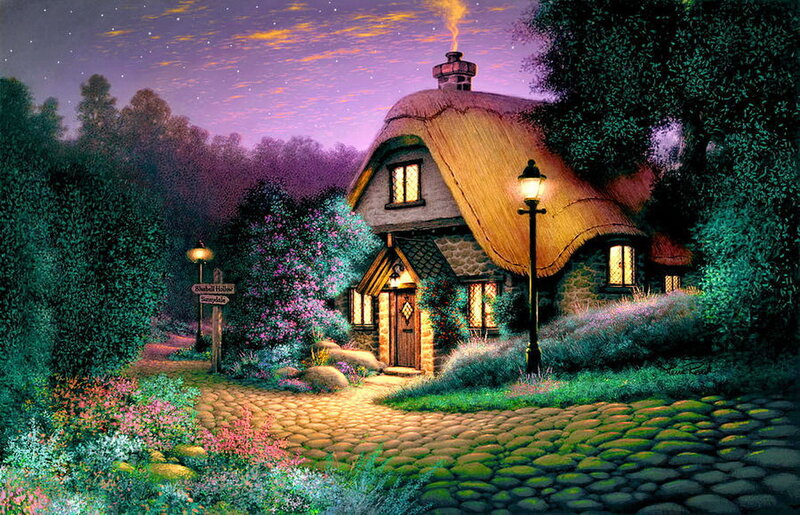 Thatched Cottage at Night — Purple